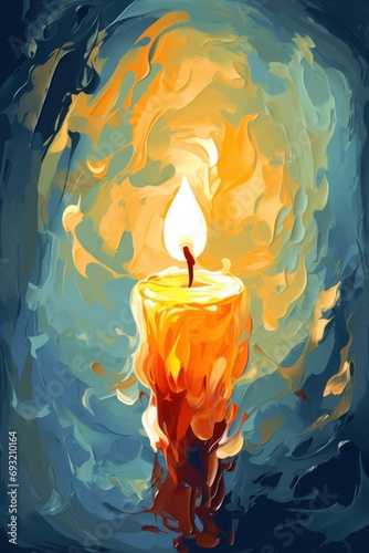 Burning candle. Metaphorical associative card on theme of Fire giving light. In style of oil painting. Psychological abstract picture. Postcard, wall decoration, book illustration.