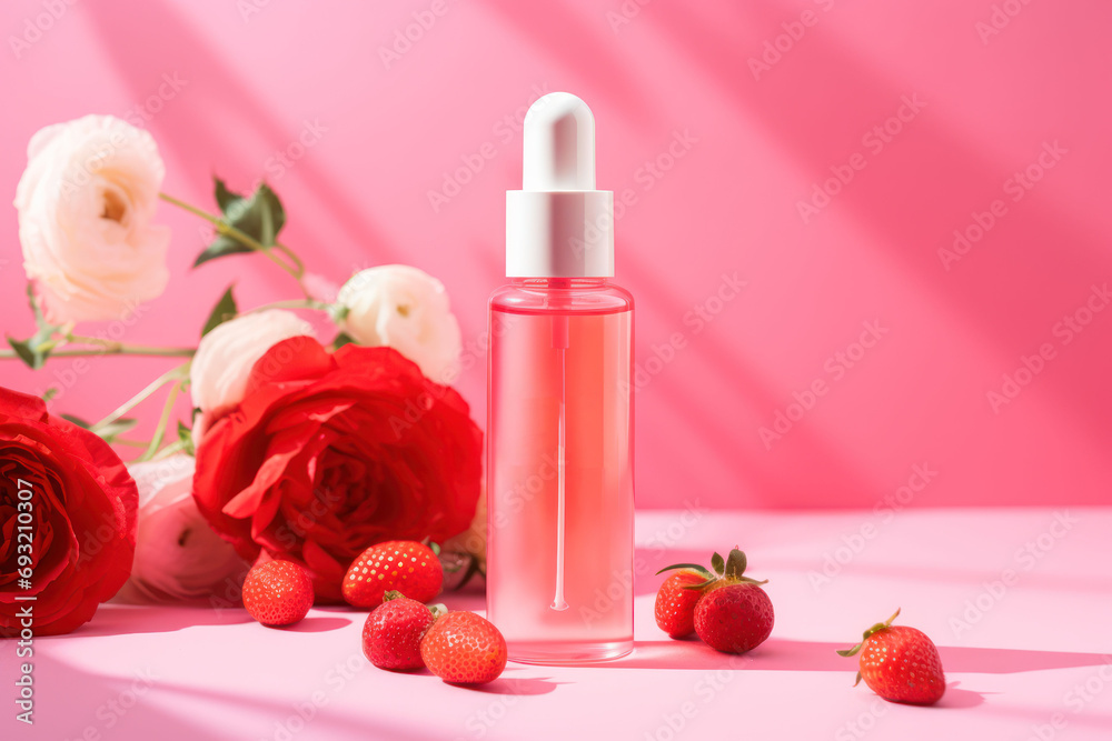 a close up of a bottle of liquid with strawberries on a table next to a bouquet of roses and a vase with red and white flowers on a pink background. a close up of a bottle of liquid with strawberries on a table next to a bouquet of roses and a vase with red and white flowers on a pink background.