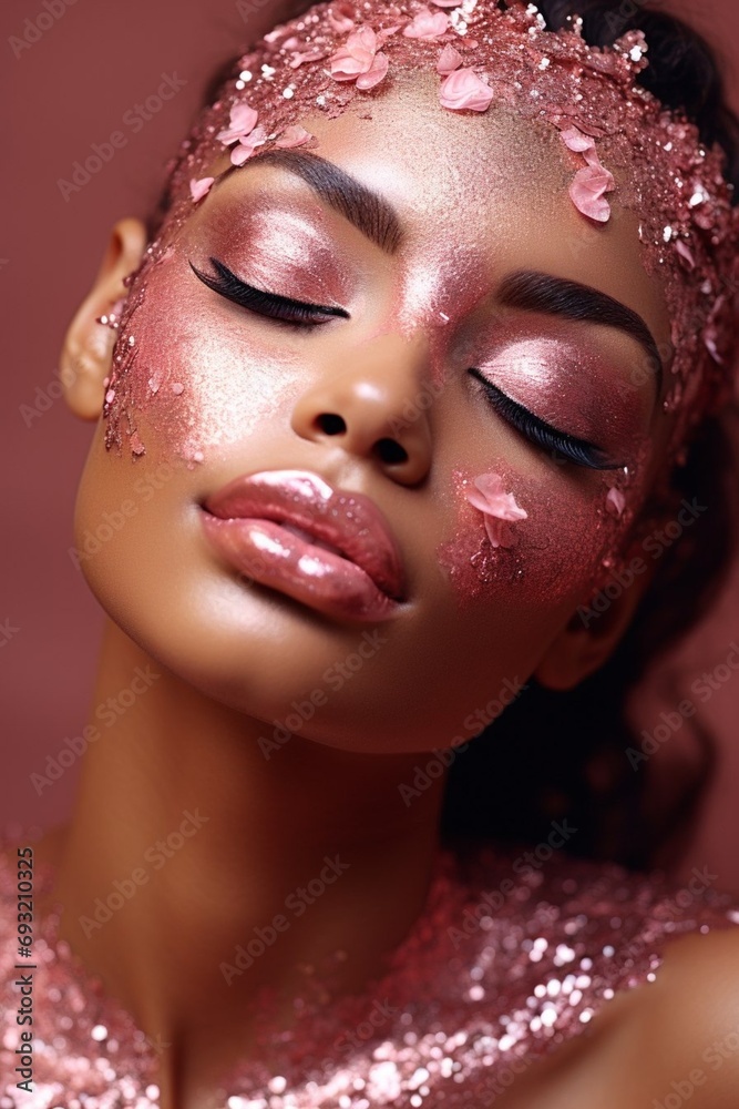 Portrait of a woman,a woman wearing glitter like blush with the eyes closed and glitter falling on your face, Generated AI