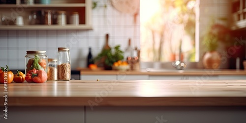 Blurred kitchen interior with products in the background.