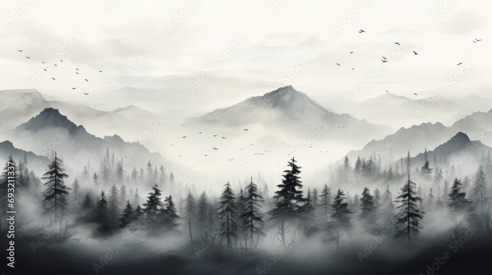 monochrom foggy and minimalistic landscape. Generative AI - obrazy, fototapety, plakaty 