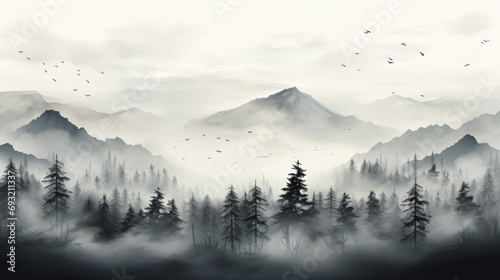 monochrom foggy and minimalistic landscape. Generative AI photo