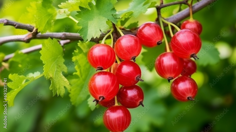 Fresh red gooseberry on a branch of a gooseberry bush in the garden. A red berry bush. generative ai