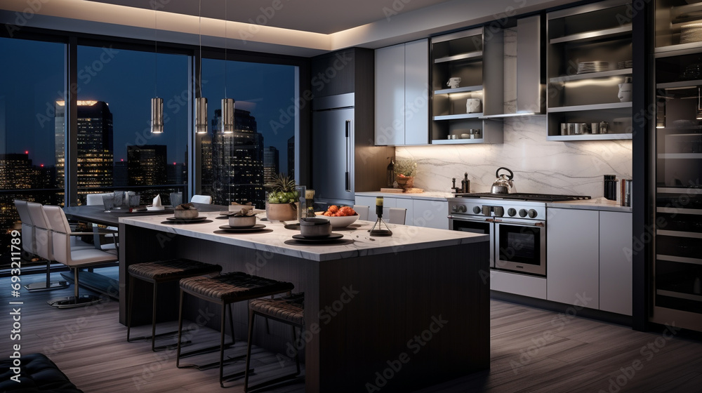 A panoramic view of a luxurious apartment kitchen featuring state-of-the-art stainless steel appliances and minimalist design.