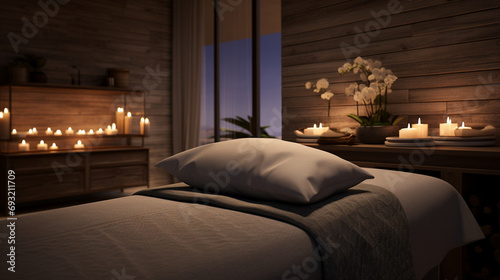 Inviting massage room featuring soft candlelight, cozy textiles, and a modern massage table, creating a serene and sophisticated ambiance for relaxation.