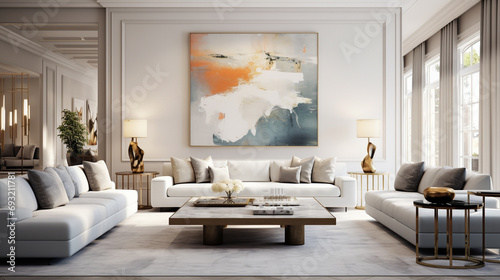 Luxury apartment living area with contemporary furniture, elegant lighting, and a curated collection of artwork, offering a sophisticated and comfortable space for relaxation.