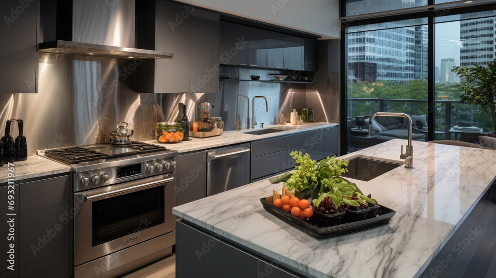 Picture-perfect aesthetics define this luxury apartment kitchen, featuring stainless steel appliances that shine in the light of impeccable design. Picture-perfect aesthetics define this luxury apartment kitchen, featuring stainless steel appliances that shine in the light of impeccable design.