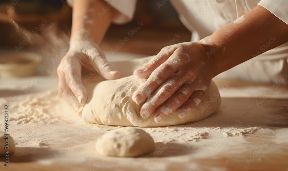 A close-up shot of a baker's hands kneading dough, master baker in action
