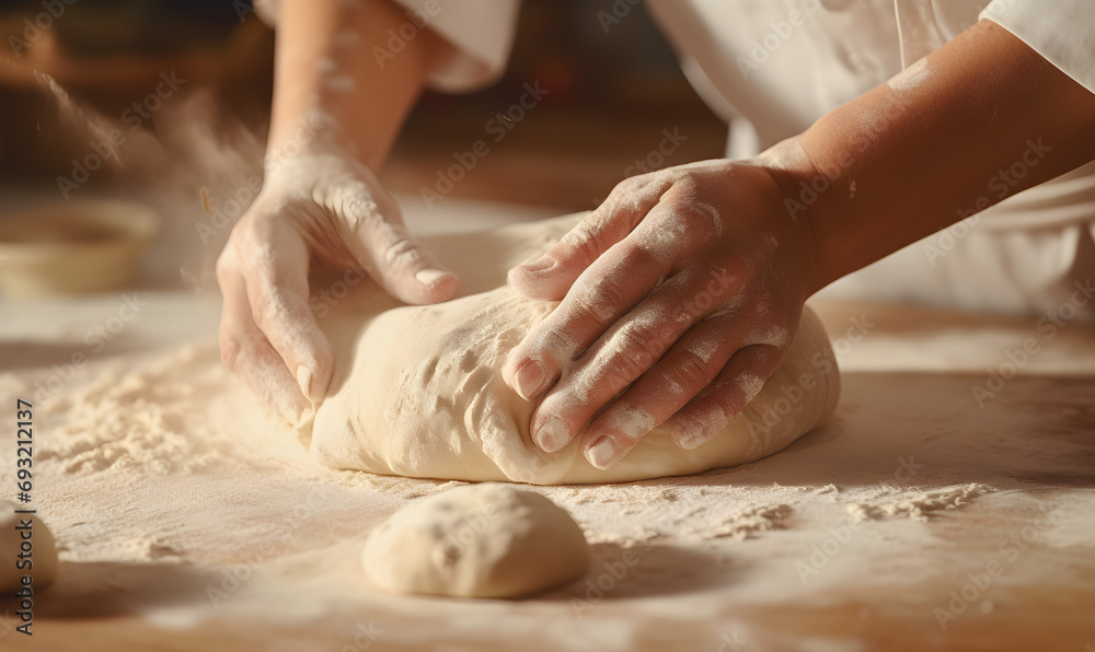 A close-up shot of a baker's hands kneading dough, master baker in action A close-up shot of a baker's hands kneading dough, master baker in action