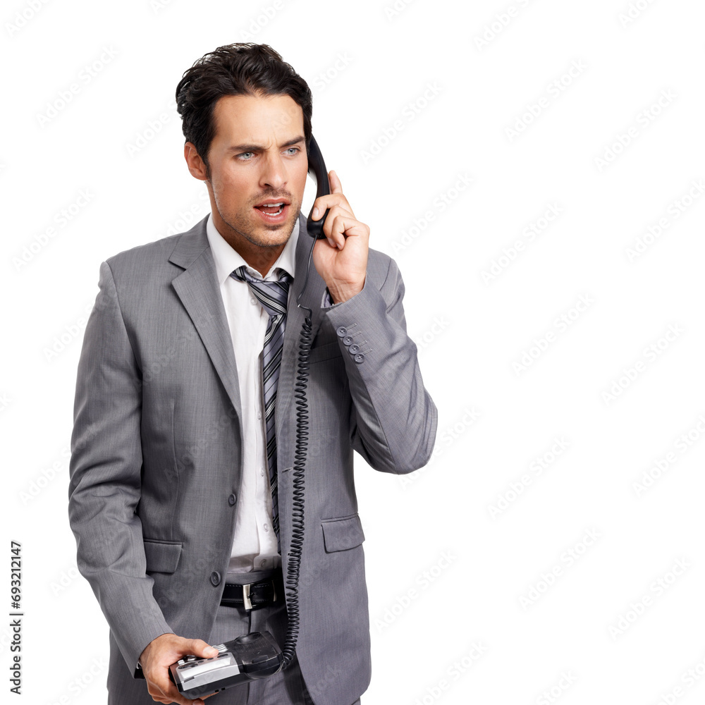 Stress, phone call or business man with telephone or work conflict, fight or difficult client feedback on studio white background. Angry, argument and frustrated entrepreneur with consulting drama Stress, phone call or business man with telephone or work conflict, fight or difficult client feedback on studio white background. Angry, argument and frustrated entrepreneur with consulting drama