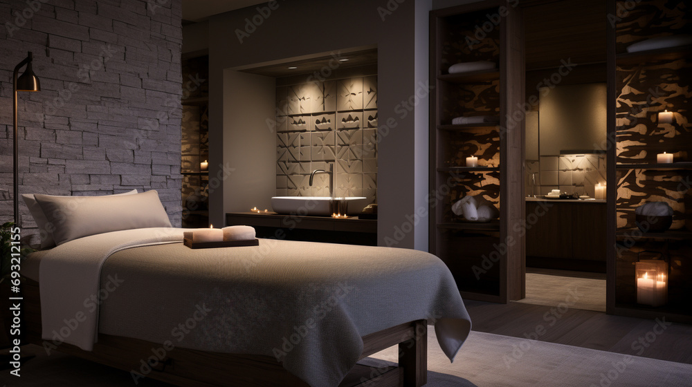 Serene massage room with contemporary furnishings, warm candlelight, and calming neutral tones, providing a tranquil environment for relaxation and wellness.