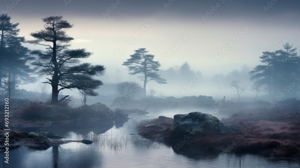  a body of water surrounded by trees in the middle of a foggy forest with rocks in the foreground and a body of water in the middle of water in the foreground.