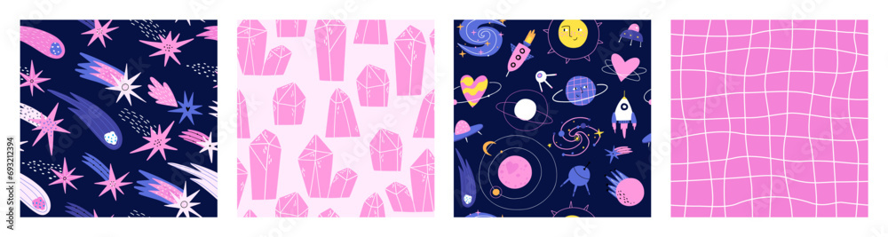 Set of seamless patterns with cosmic elements, stars and constellations. Checkered pattern. Vector illustration in flat style. Set of seamless patterns with cosmic elements, stars and constellations. Checkered pattern. Vector illustration in flat style.