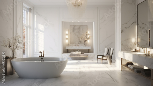 Timeless white marble bathroom featuring a freestanding tub, large mirrors, and soft, diffused lighting for an ethereal ambiance. © Zeeshan Qazi