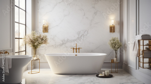 Timelessly chic bathroom featuring honed marble walls, a freestanding tub, and brass fixtures, exuding a sense of understated luxury. photo