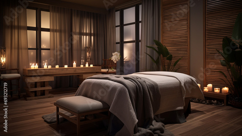 Tranquil massage room with modern furnishings, subdued candlelight, and earthy textures, providing a serene and inviting atmosphere for therapeutic treatments.