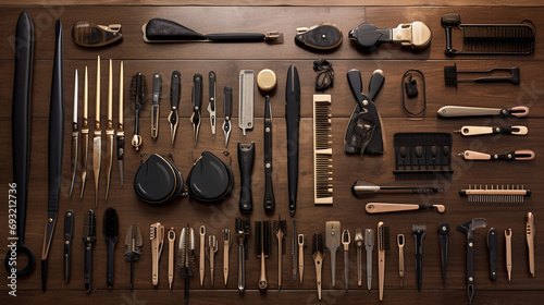 Various hairdresser tools elegantly displayed on a wooden surface, including scissors, hair clips, and styling brushes, creating a visually appealing and organized setting. photo