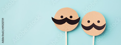 Two wooden cut-out figures resembling faces on popsicle sticks, with black mustaches against blue background in minimalist design. Movember, men's health awareness, prostate cancer and mental health.