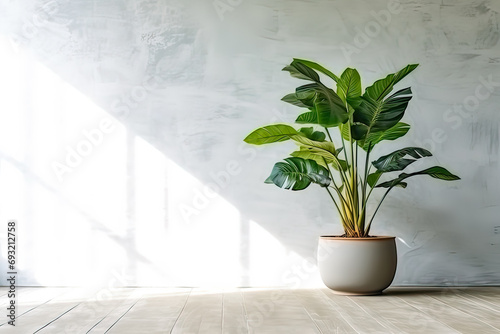 Indoor oasis, Tropical plants in a pot against an apartment wall, a stylish composition with text and design space in this stock photo.