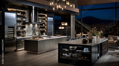 A visual masterpiece unfolds in this high-definition image of a modern kitchen, where stainless steel appliances reign supreme in an atmosphere of opulence.