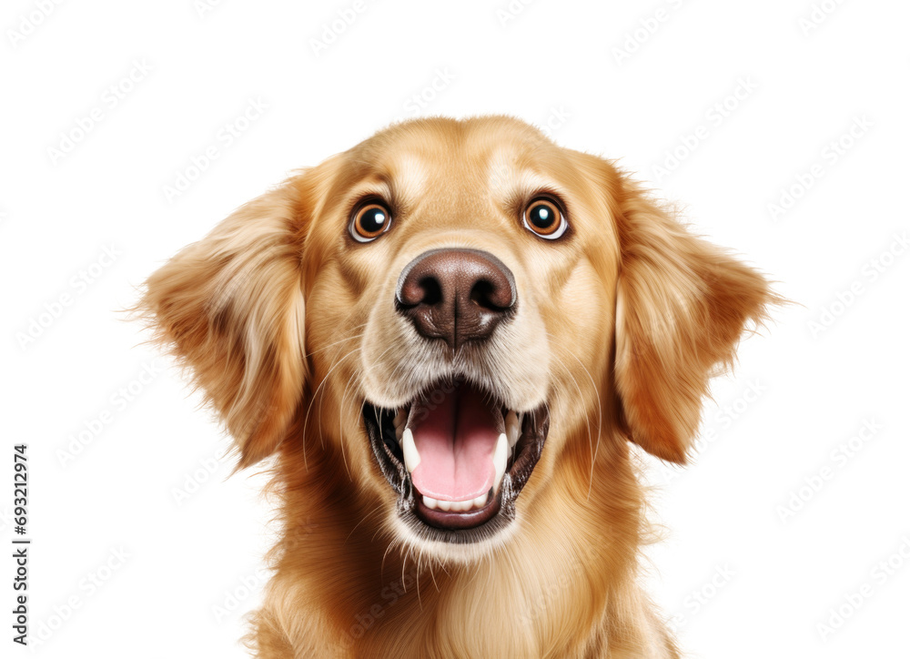 Close-up Funny Happy Dog Golden Retriver with Huge Eyes Portrait. Isolated on White and PNG Transparent Background. Close-up Funny Happy Dog Golden Retriver with Huge Eyes Portrait. Isolated on White and PNG Transparent Background.