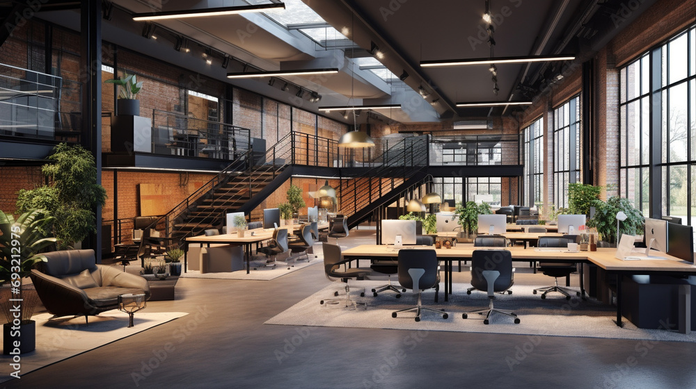 Aesthetic modern office with a blend of industrial and contemporary design, showcasing innovative workstations, sleek lighting, and a spacious layout for optimal productivity. - obrazy, fototapety, plakaty 