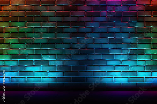 Vivid vibes  Neon lit brick wall  a dynamic backdrop with space for text and design. An electrifying concept for captivating and versatile stock photos.