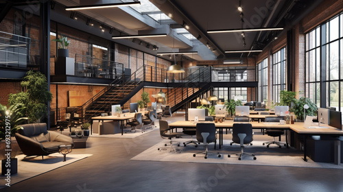 Aesthetic modern office with a blend of industrial and contemporary design, showcasing innovative workstations, sleek lighting, and a spacious layout for optimal productivity. © Zeeshan Qazi