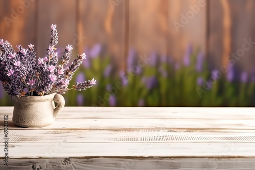 Lavender bliss, Wooden background adorned with lavender flowers, offering ample space for text and design. A tranquil and versatile concept in stock photos. photo