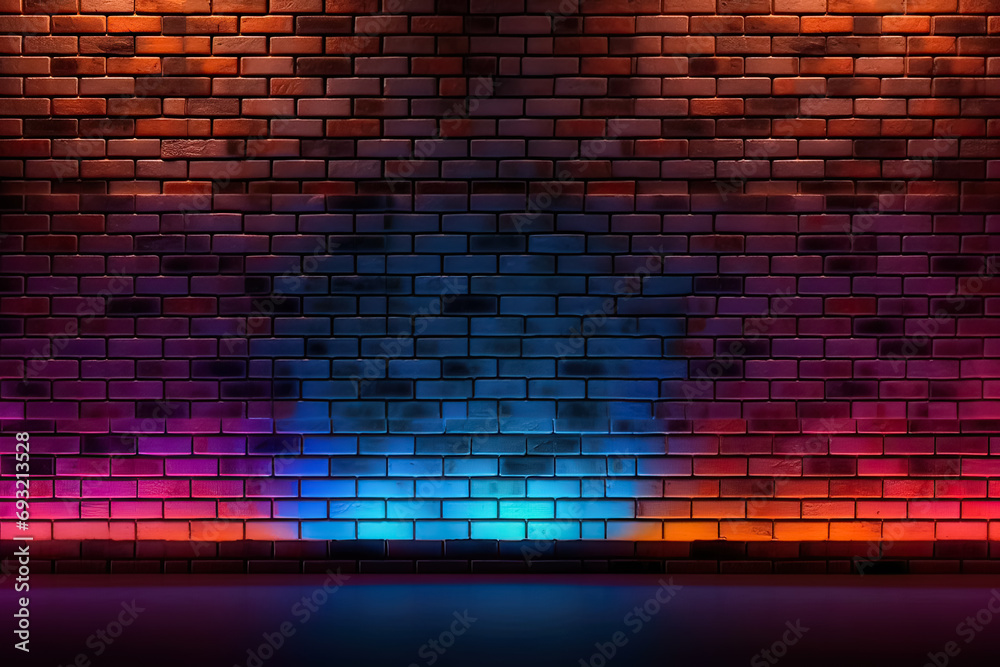 Vivid vibes, Neon lit brick wall, a dynamic backdrop with space for text and design. An electrifying concept for captivating and versatile stock photos.