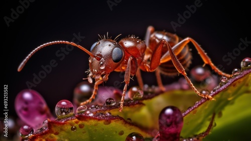  a close up of a red ant insect on a leaf with water droplets on it's body and a black back ground behind it, with a black background.