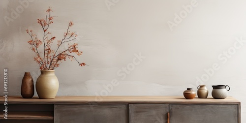 Minimalist living room decor with copy space, wooden sideboard, dried flower vase, gray sculpture, books, textured wall, and personal accessories. Template.