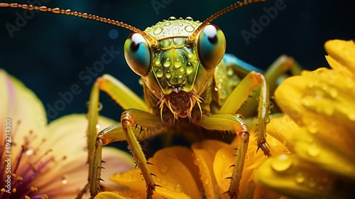  a close up of a grasshopper on a flower with drops of water on it's eyes and a blurry background of yellow and pink and purple flowers. © Olga