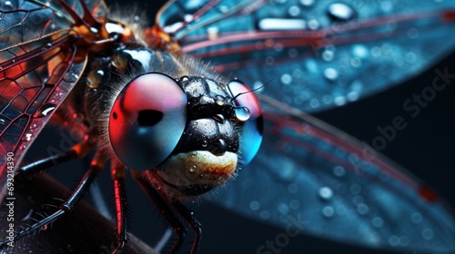  a close up of a dragonfly with drops of water on it's wings and eyes, with a black background and a blue sky in the back ground. © Olga