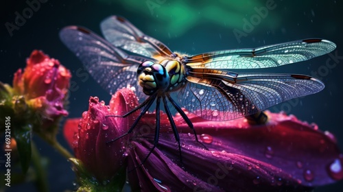  a close up of a dragonfly on a flower with drops of water on it's wings and wings, with a dark background of green and pink flowers.