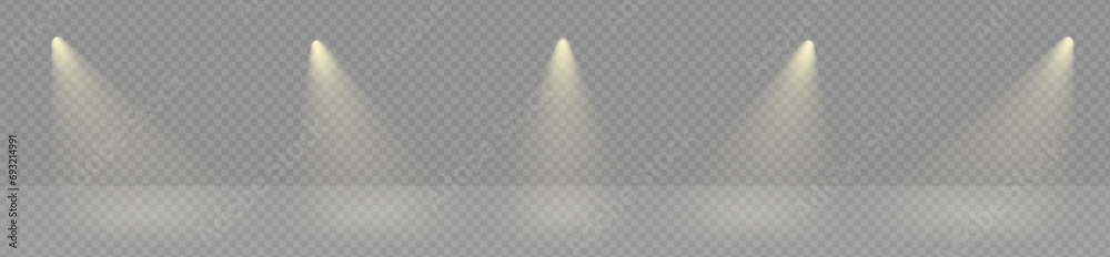 Spot lights shine to illuminate podium. Stage backdrop electric lightning. White ray or sun beam effect on transparent png vector. Music club projectors