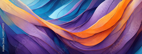 Vibrant waves of violet and blue with a splash of orange flow across the image. The organic lines and curves create a sense of movement and rhythm, resembling a colorful abstract painting