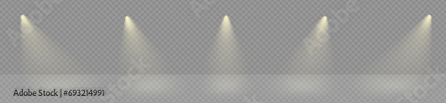 Spot lights shine to illuminate podium. Stage backdrop electric lightning. White ray or sun beam effect on transparent png vector. Music club projectors