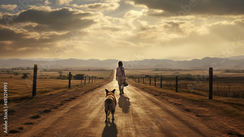 person with dog walking on the country road  photo