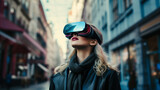 woman with vr glasses in the middle of the street, virtual reality