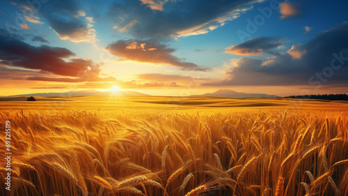wide shot of a field with grain during sunset 