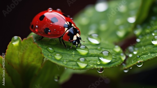  a ladybug sitting on top of a green leaf with water droplets on it's back and a black dot on the front of the back of the leaf.