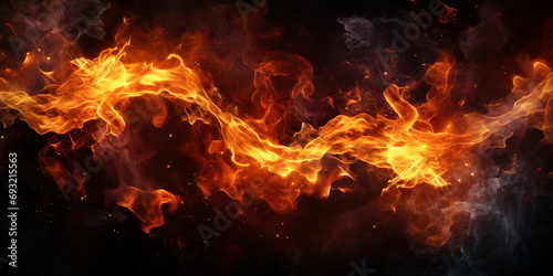 Abstract fire flame and particles on black background. Wide template or banner, creative design with copyspace