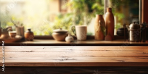 Blurred Japanese kitchen with empty wooden table.