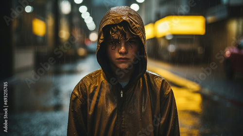 portrait of a man in yellow jacket on a a rainy city street © Bartomiej