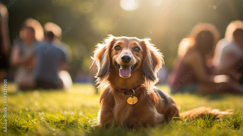 dachshund lying in the park during spring sunny day