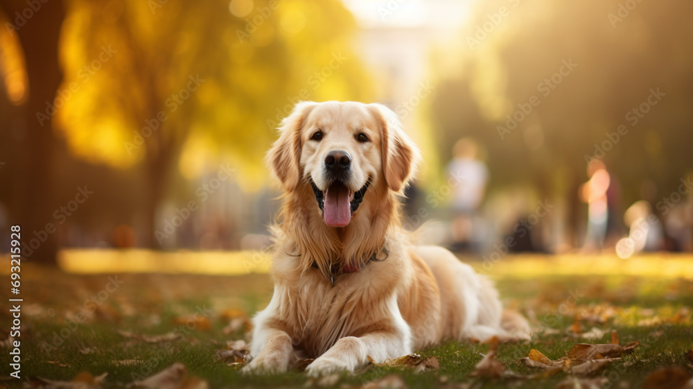 golden retriever, lying in the park during spring sunny day