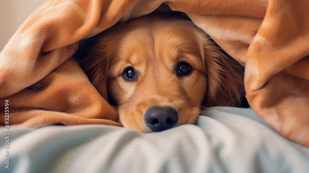 dog, golden retriever under the blanket in bed