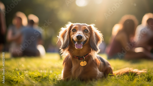 Obraz na płótnie dachshund lying in the park during spring sunny day w salonie