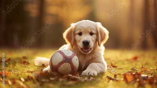 golden retriever puppy playing with ball outdoor